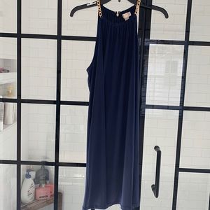 Michael Kors solid chain halter dress navy with gold. Back zip up